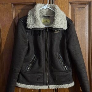 Women’s Polyester Shearling Jacket…brown Motorcycle Aviator .Warm. Excellent
